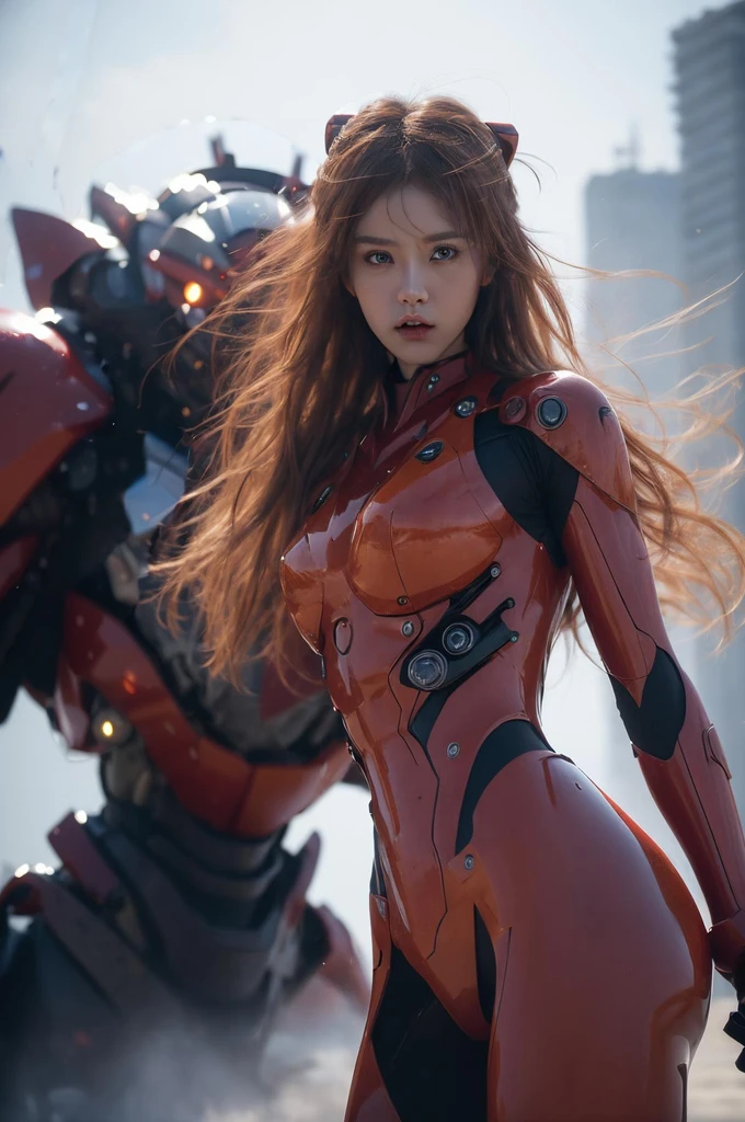 (best quality, masterpiece:1.4), (realism:1.2), (Realism:1.2), (absurd:1.2), (realistic:1.3), 1 woman,realistic skin,alone,( very big eyes,beautiful detailed eyes, symmetrical eyes),cowboy shot, (dramatic, gritty, extreme:1.4), Asuka Langley Soryu,HDR,DTM, Full haha, In mecha anime style, A long dancing sword charging towards the battlefield like a god., a meteor exploded, Fierce fight for life, dynamic pose, Amazing colors, surrealism, cinematic lighting effects, realism, 00 renderer, very realistic,  super view, super wide angle,