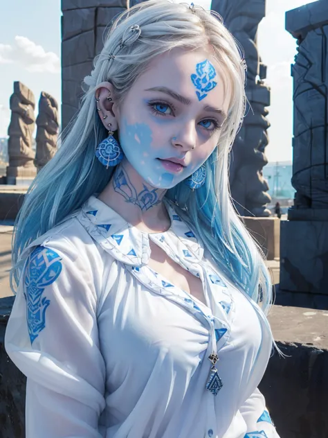 (shiny white skin:1.4),(a girl with bigbreast:1.5),(cute face with blue pattern tatoo:1.5) , ( infected monuments:1.5) ,(many ea...