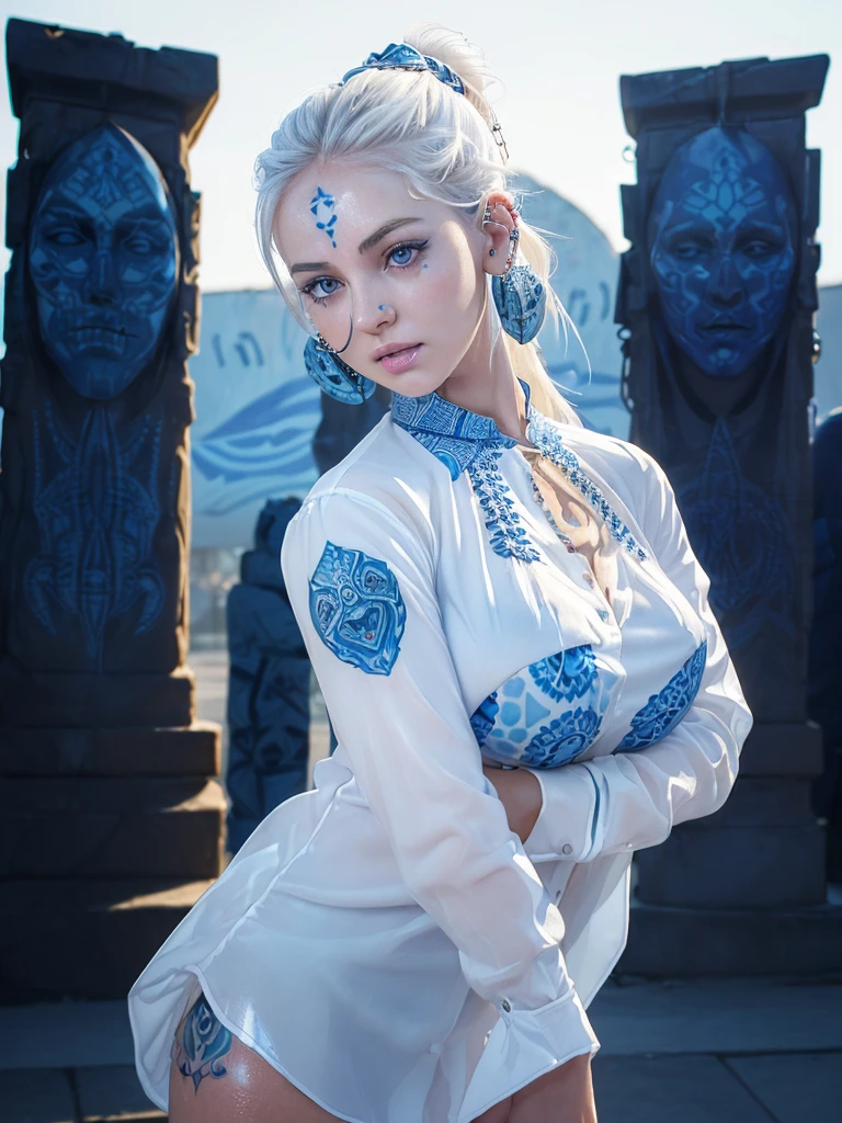 (shiny white skin:1.4),(a girl with bigbreast:1.5),(cute face with blue pattern tatoo:1.5) , ( infected monuments:1.5) ,(many ear ring:1.6),(white blouse:1.5) extremely detailed CG unity 8k wallpaper