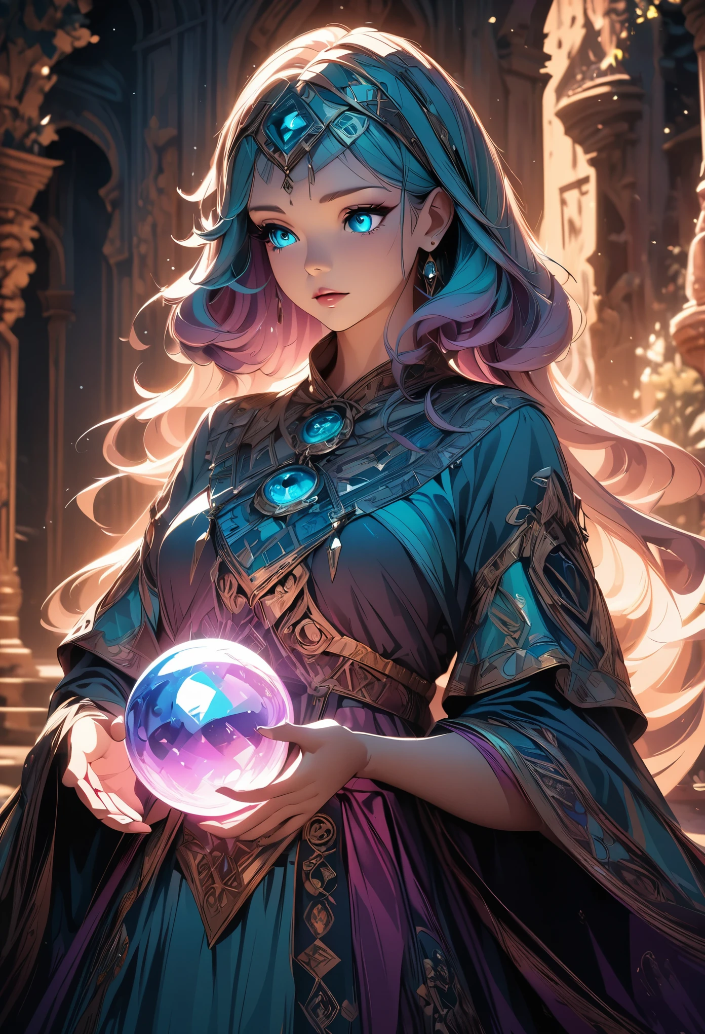 Fortune teller woman with crystal ball, Beautiful detailed eyes, Beautiful detailed lips, Highly detailed eyes and face, Long eyelashes, Elegant robes, Dramatic lighting, Shining crystal ball, Mysterious atmosphere, Intricate details, A calming color palette, Cinematic composition, Fantasy art, Digital Art, Anime Style, Detailed digital illustration, (Highest quality, 4K, 8K, High Contrast, masterpiece, Best aesthetics).