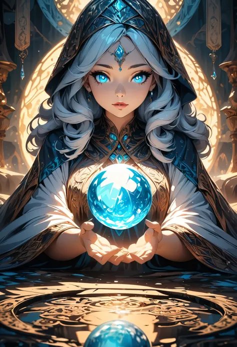 Fortune teller woman with crystal ball, Beautiful detailed eyes, Beautiful detailed lips, Highly detailed eyes and face, Long ey...