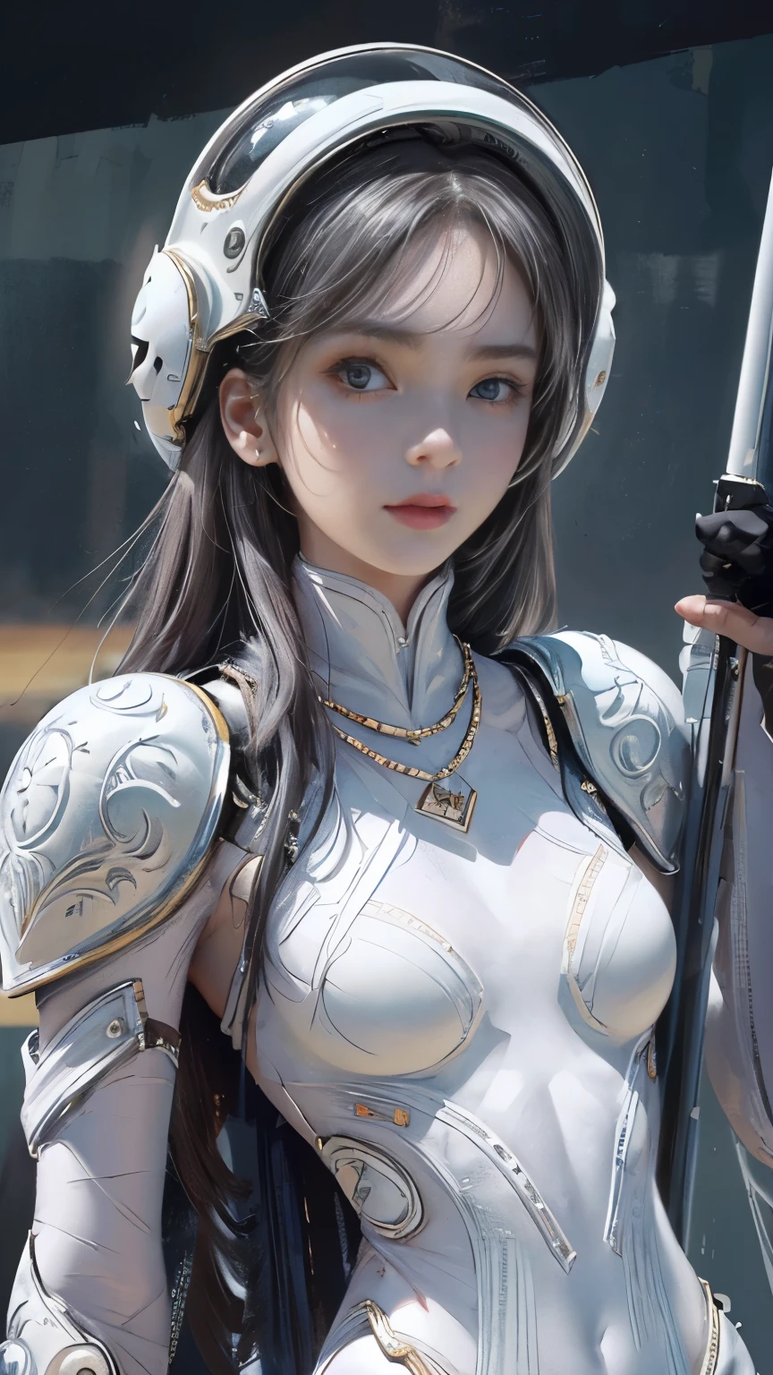 (Super detailed、Ultra-high resolution、Detailed Background)、1 Girl、solo、Looking at the audience、19 years old、Girl in a white bodysuit wearing a helmet、Luxurious scarf、Full body image、Adult women、anatomically perfect face、focused face、Symmetrical face、1950s style、rollerblade