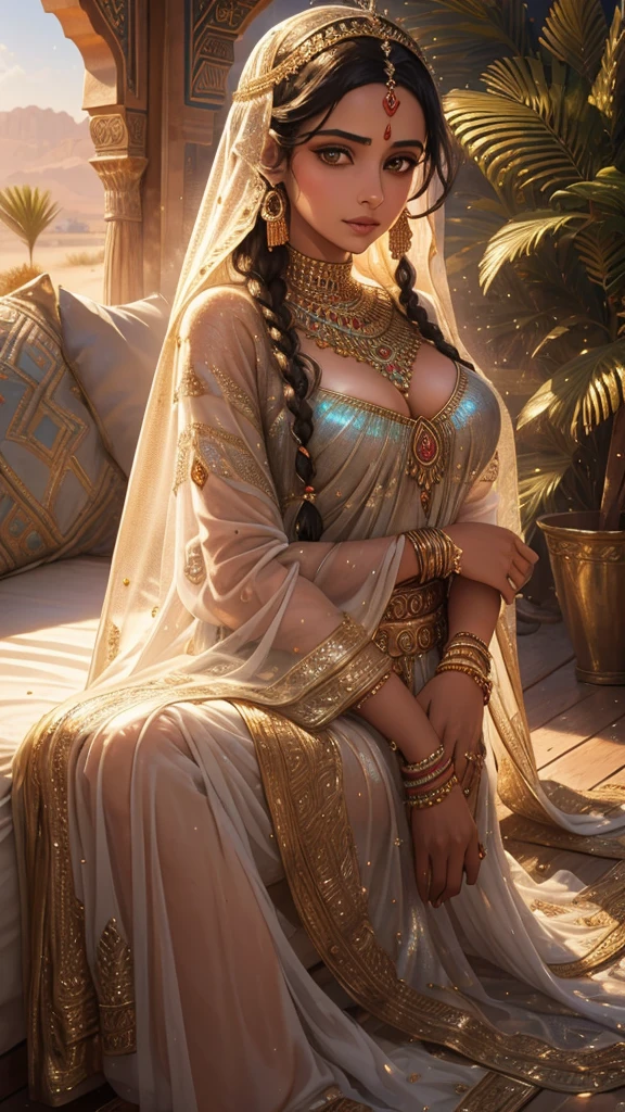 photo of alluring maharani laxmibai beautiful woman sparkling splashing rainbows, ((bright eyes)), super long braids, (laying in Moroccan oasis), palms, dunes, oasis, glistening, exotic jewelry, riad, dripping, iridescent, long kaftan abaya (masterpiece) (best quality) (detailed) (8k) (HDR) (wallpaper) (cinematic lighting) (sharp focus) (intricate)