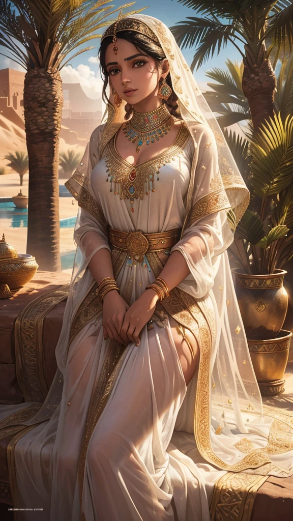 photo of alluring maharani laxmibai beautiful woman sparkling splashing rainbows, ((bright eyes)), super long braids, (laying in Moroccan oasis), palms, dunes, oasis, glistening, exotic jewelry, riad, dripping, iridescent, long kaftan abaya (masterpiece) (best quality) (detailed) (8k) (HDR) (wallpaper) (cinematic lighting) (sharp focus) (intricate)