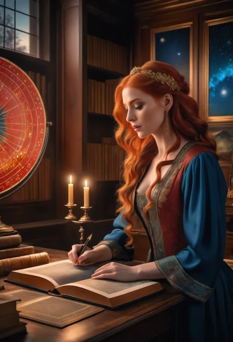 a pretty blonde astrologer charting a sky in her study room, large star map, cabinet of books, fantasy atmosphere, dramatic ligh...