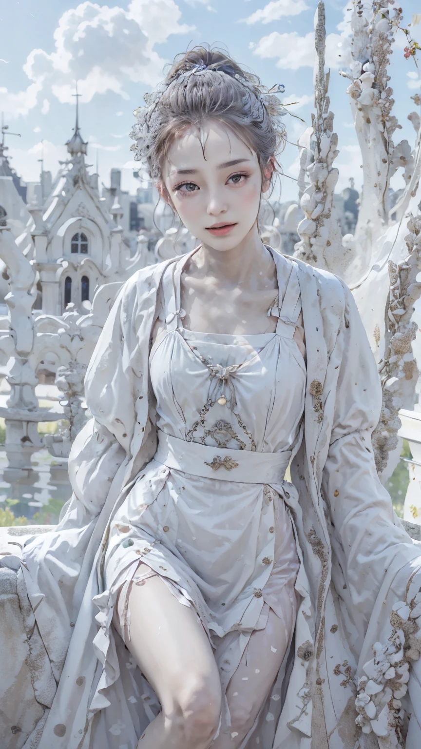 ( best quality、8K、masterpiece、Practical：1.3 )、 1 female、( A garden with a classic and famous castle as the background )、( Very high quality dark background : 1.2)、Natural bright sunlight、Blue sky、Brown hair tied up、Beautiful Women in Perfect Shape: 1.4、Highly detailed face and skin textures、Delicate eyes、Double eyelids、far away : 1.2 、I can see the whole body、White maid、White maid头带、Ruffled shirt、Ribbon Tie、apron、High heel 、 ( Skirt lift show : 1.3 )