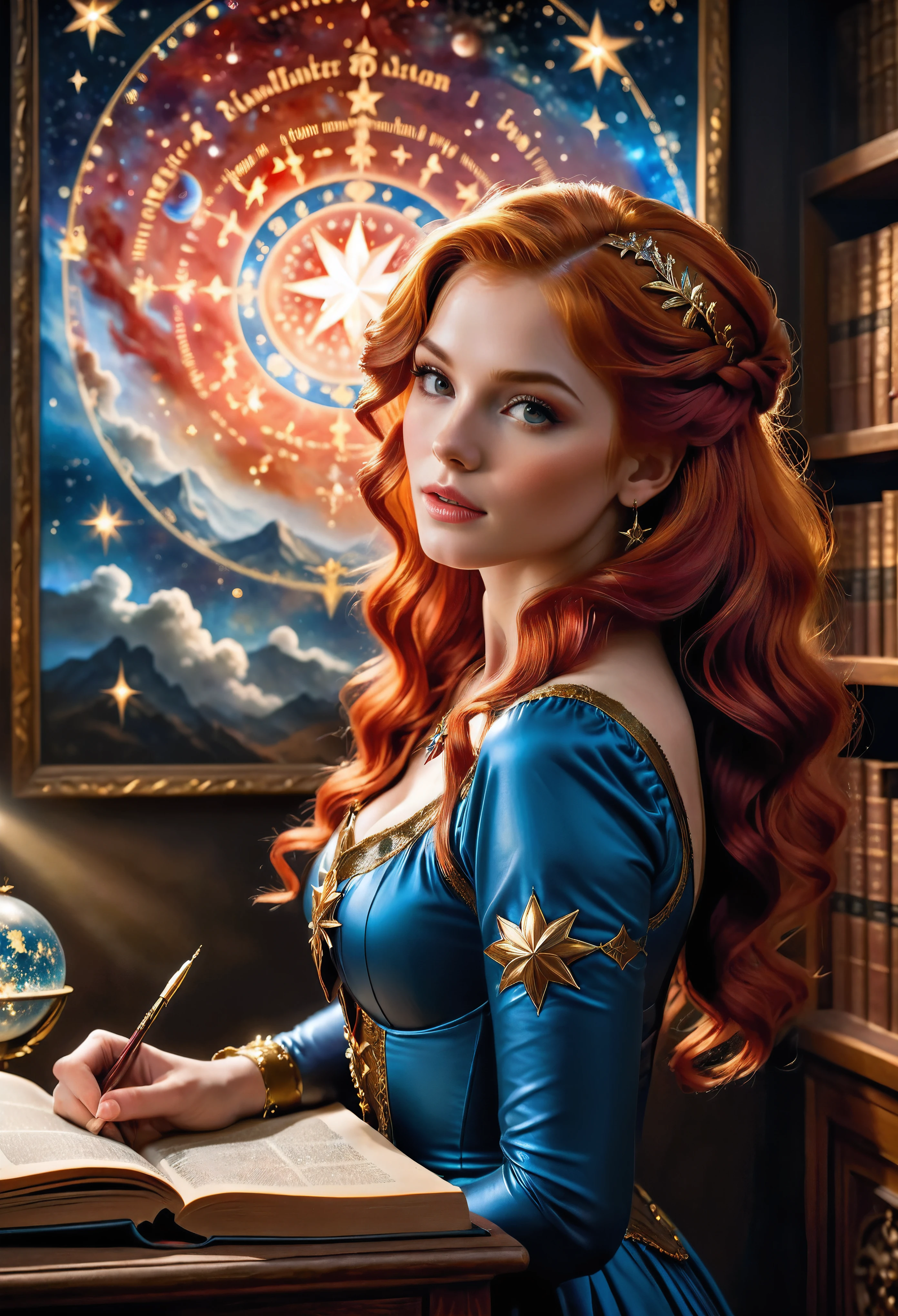 a pretty blonde astrologer charting a sky in her study room, large star map, cabinet of books, fantasy atmosphere, dramatic lighting, intricate details, cinematic composition, vibrant colors, ethereal, mystical, cosmic, astrology, renaissance style, oil painting, masterpiece, best quality, 16k, hyperrealistic, ultra-detailed | Rendered in ultra-high definition with UHD and retina quality, this masterpiece ensures anatomical correctness and textured skin with super detail. With a focus on high quality and accuracy, this award-winning portrayal captures every nuance in stunning 16k resolution, immersing viewers in its lifelike depiction. | ((pretty wavey red hair):1.1), ((fancy handgloves):1.1) | (((anatomical correctness))), (((perfect_fingers))), (((perfect_legs))), (((perfect_hands))), ((perfect_composition, perfect_design, perfect_layout, perfect_detail, ultra_detailed)), ((enhance_all, fix_everything)), More Detail, Enhance.
