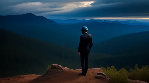 A Luxury Sales Suit man wearing a black rider full-face helmet overlooking wilderness,full body,standard rider black full face h...