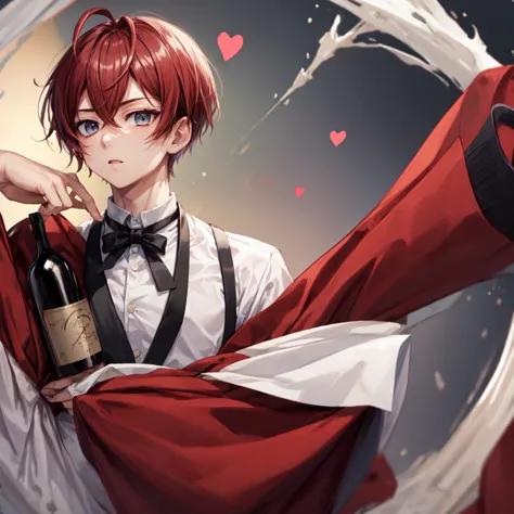 masterpiece, 最high quality, high quality, One boy, alone, Male Focus, View your audience, Upper Body, Wine red short hair、Large ...