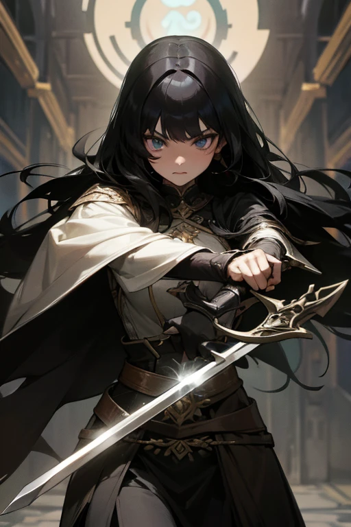 A black-haired girl wields the Heavy Thrusting Swords from within the Elden Ring in a reverse grip.