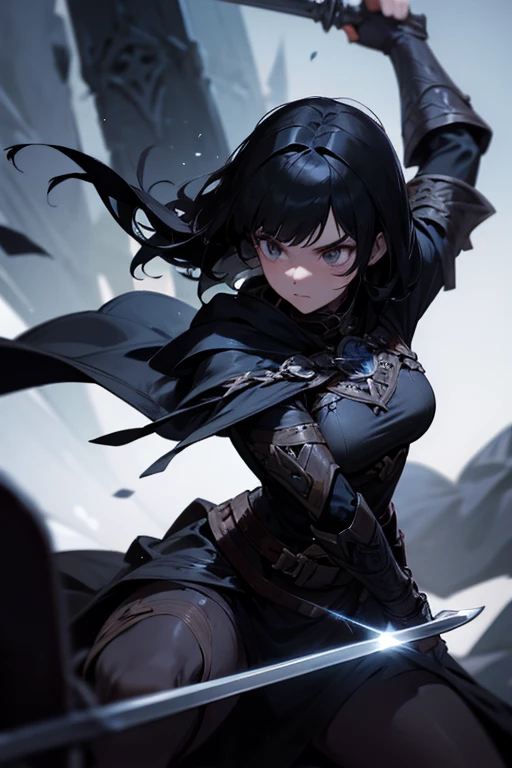 A black-haired girl wields the Heavy Thrusting Swords from within the Elden Ring in a reverse grip.