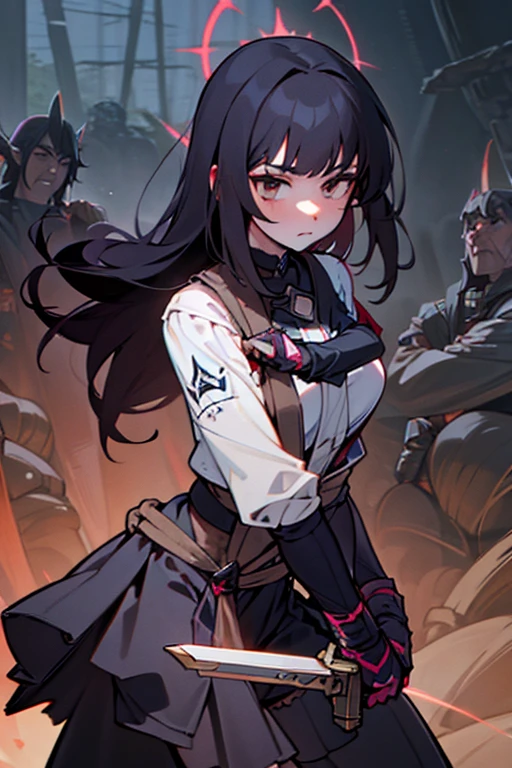 A black-haired girl wields the Heavy Thrusting Swords from within the Elden Ring in a reverse grip.