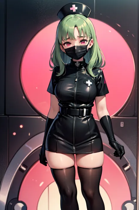 black nurse, 1woman, solo, black nurse cap, black nurse uniform, ((black legwear, zettai ryouiki)), black elbow gloves, forehead...