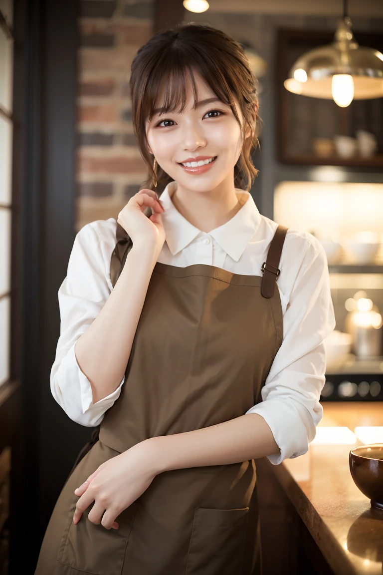 (Highest quality、Tabletop、8K、Best image quality、Award-winning works)、Woman working in a café、(The perfect brown apron:1.1)、(The perfect brown apron:1.1)、(Standing elegantly against the backdrop of a blurred cafe:1.3)、(Stylish shirt and apron:1.1)、(Big Breasts:1.1)、(Accentuate your body lines:1.1)、Beautiful woman portrait、The most elegant and cozy cafe、The most natural cafe, Perfectly organized、The most atmospheric and warm lighting、Stylish and elegant cafe、Strongly blurred background、Look at me and smile、(Accurate anatomy:1.2)、Ultra high resolution perfect beautiful teeth、Ultra-high definition beauty face、Ultra HD Hair、Ultra HD The Shining Eyes、The Shining, Super high quality beautiful skin、Super high quality glossy lip