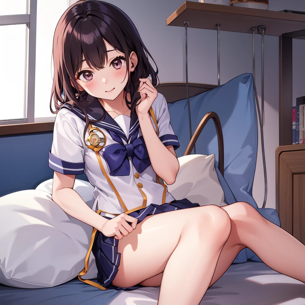 A female student in a sailor Uniform who is unwell in the nurse&#39;s Büro(Meisterwerk, beste Qualität:1.2),Illustration,8K,HD,1 Mädchen,Solo,Oberkörper,(Porträt:1.2),braun_Haar,gefaltet_Pferdeschwanz,braun_Augen,serafuku,lang_Haar,Schule_Uniform,Rock,Falten-_Rock,