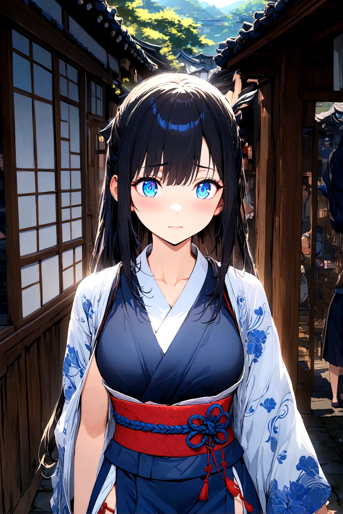 a beautiful anime girl, 1girl, long black hair with blue highlights, medium breasts, wearing a black and blue female samurai kim...