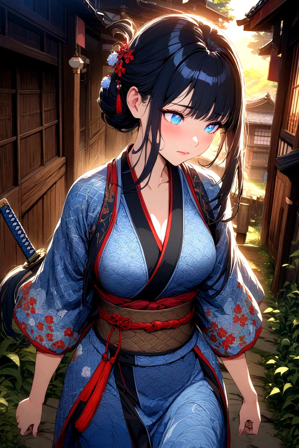 a beautiful anime girl, 1girl, long black hair with blue highlights, medium breasts, wearing a black and blue female samurai kimono, katana sheathed under her belt, looking shy, walking in a traditional japanese village, detailed face, detailed eyes, detailed hair, detailed clothes, detailed environment, digital art, highly detailed, intricate details, vibrant colors, dynamic lighting, cinematic composition, masterpiece