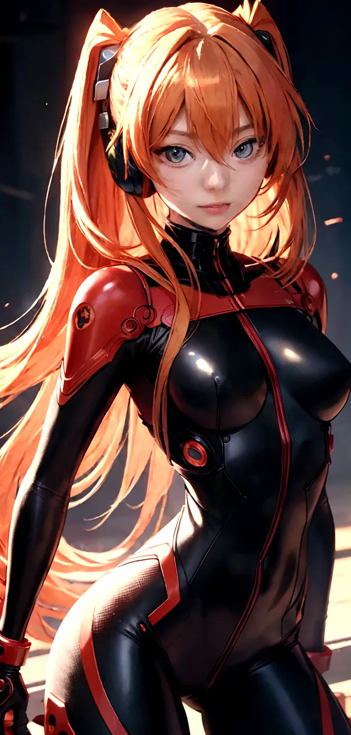 a close up of a woman in a black and red outfit, asuka langley, asuka langley soryu, android heroine, asuka langley sohryu, asuk...