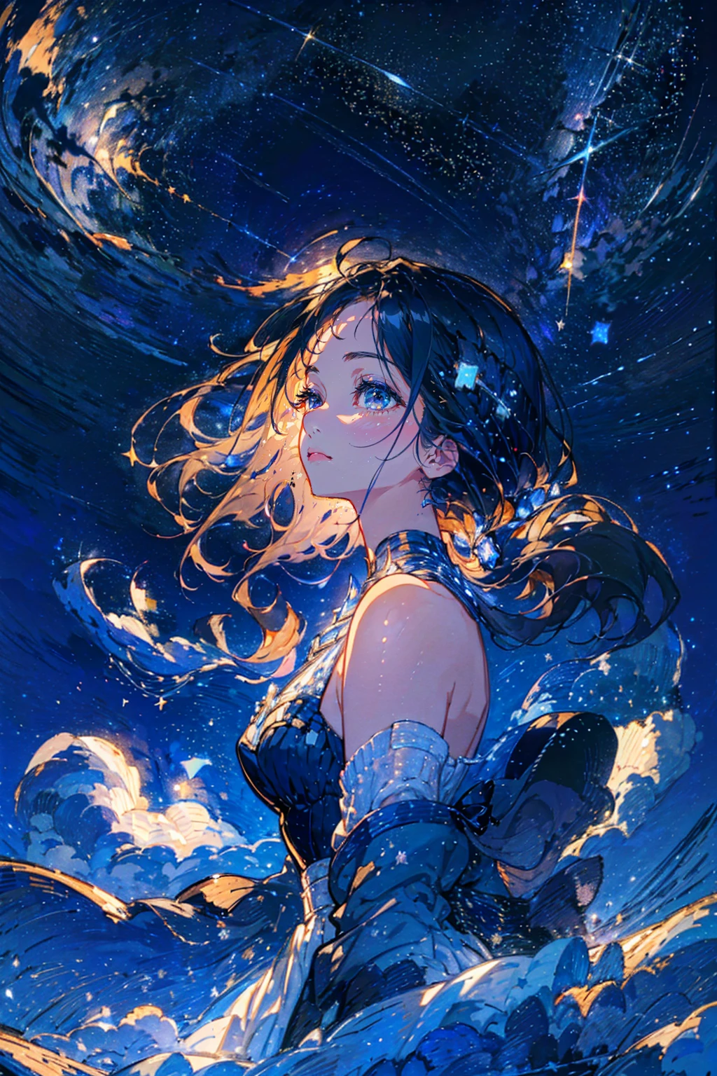 high resolution,One beautiful girl,alone,nice,Perfect Face, Place your hand on your chest,Perfect Fingers,look up,Looking at the sky,(From the side),Starry Night,Starry Night,Low - Angle,Bright Eyes,Fleeting Face,Fantastic Background,Beautiful sky