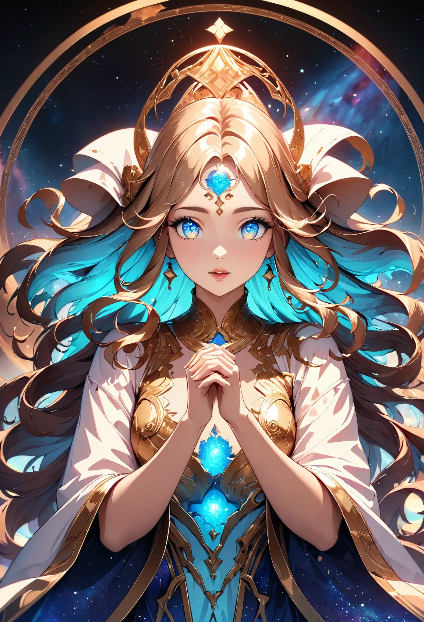 (Galaxy Goddess, Astrologer woman, Stargazer), Beautiful detailed eyes, Beautiful detailed lips, Highly detailed eyes and face, Long eyelashes, Elegant robes, Dramatic lighting, Glowing galaxies, Mysterious atmosphere, Vast Universe, ((Fortune-telling dance, Random Action)), Face Close Up, Intricate details, A calming color palette, Cinematic composition, Fantasy art, Digital Art, Anime Style, Detailed digital illustration, (Highest quality, 4K, 8K, High Contrast, masterpiece, Best aesthetics).