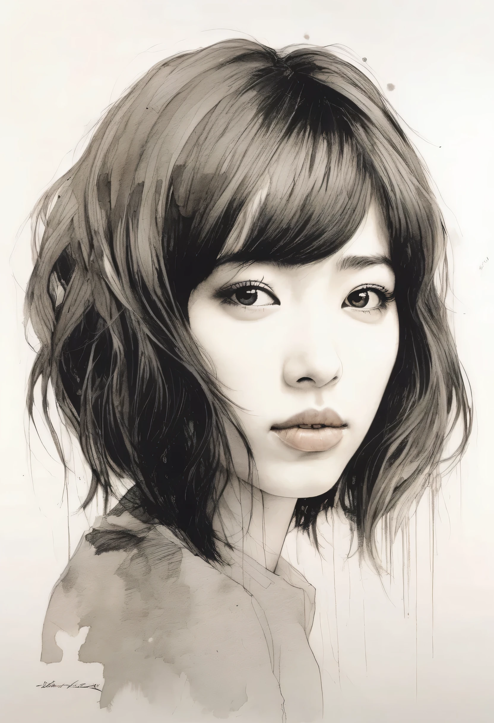 artwork:Katsuya Terada 、Haruka Fukuhara、 (Vector art:1.6), Minimalism、monotone、watercolor画、Beautiful face girl、White background、Drawn in black pencil、diego gisbert lawrence、Joe San Gonzalez Dan Mumford、Picture book illustrations、vague、superwide shot、Highest quality、Intensive、Golden ratio composition、(watercolor:1.2),