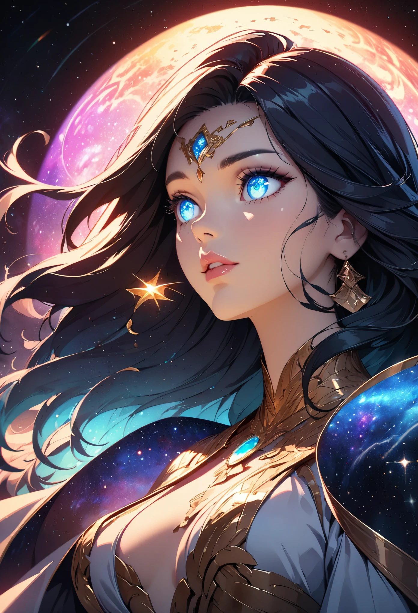 (Galaxy Goddess, Astrologer woman, Stargazer), Beautiful detailed eyes, Beautiful detailed lips, Highly detailed eyes and face, Long eyelashes, Elegant robes, Dramatic lighting, Glowing galaxies, Mysterious atmosphere, Vast Universe, ((Fortune-telling dance, Random Action)), Face Close Up, Intricate details, A calming color palette, Cinematic composition, Fantasy art, Digital Art, Anime Style, Detailed digital illustration, (Highest quality, 4K, 8K, High Contrast, masterpiece, Best aesthetics).