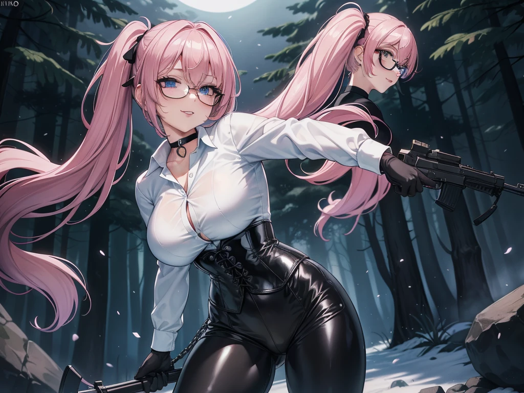 Masterpiece, Beautiful art, professional artist, 8k, art style by sciamano240, Very detailed face, Detailed clothing, detailed fabric, 1 girl, perfectly drawn body, fighting pose, beautiful face, big breasts, hair pigtails, blue eyes, very detailed eyes, pink cheeks, smug expression with smile, glasses, choker:1.6, (long sleeve white collar buttoned shirt), black gloves, gloves covering hands, (holding an AK-47), (black leather corset), (shiny black leggings), sensual lips ,  evening de invierno, show details in the eyes, view from front, looking at the viewer, dark path, dark forest, evening, Atmosphere, fog