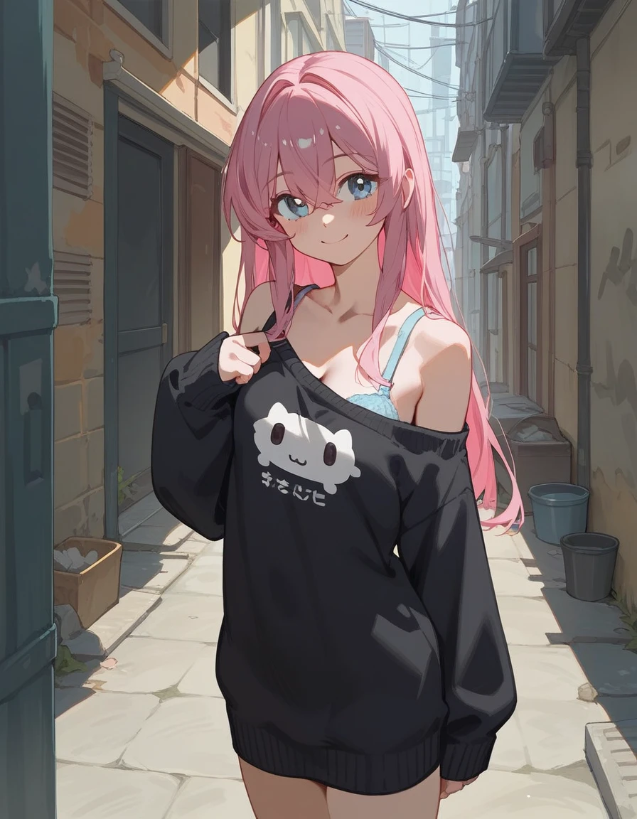 One girl, Shikimori-san, Pink Hair, Long Hair, blue eyes, Hair between the eyes, bangs, blush, compensate, smile, chest, Black sweater, Bare shoulders, No sleeve, skirt, View your viewers,Bare Belly,Secretly showing off her bra,masterpiece, Highest quality,nsfw,Alley,