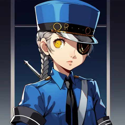 justinep5, justine (persona 5), official outfit, yellow eyes, gloves, hat, braid, eyepatch, black gloves, long hair, necktie, up...