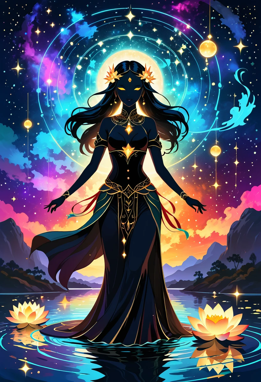 Astrologue，Au milieu du lac, Mystérieuse silhouette noire féminine au milieu de la nuit, Entouré de constellations lumineuses, Les invocateurs dansent pour apaiser les esprits des morts. Vêtements de cérémonie en toile. sensuel. Plusieurs tableaux magiques. danse dynamique. Lotus Noir. palette colorée.