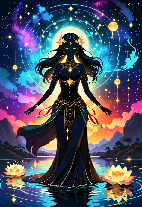Astrologer，In the middle of the lake, Mysterious female black silhouette in the middle of the night, Surrounded by glowing const...