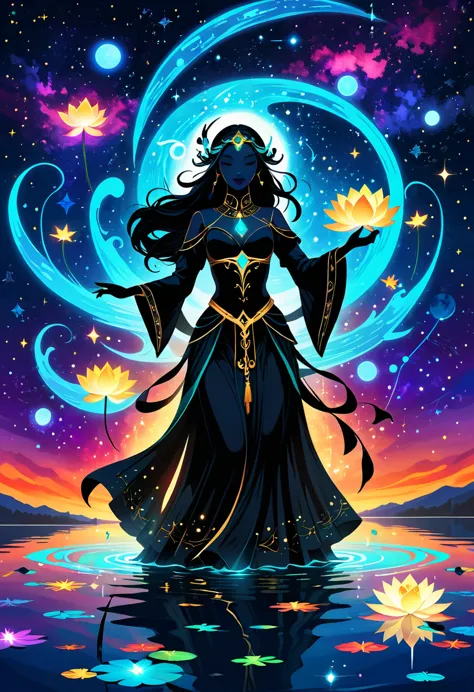 Astrologer，In the middle of the lake, Mysterious female black silhouette in the middle of the night, Surrounded by glowing const...