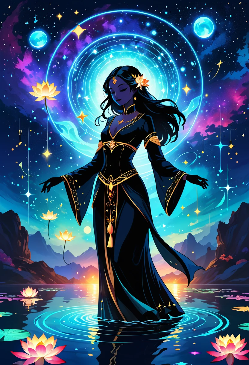 Astrologer，In the middle of the lake, Mysterious female black silhouette in the middle of the night, Surrounded by glowing constellations, Summoners dance to appease the spirits of the dead. Ceremonial canvas clothing. Sensual. Multiple magic arrays. Dynamic dance. Black Lotus. Colorful palette.