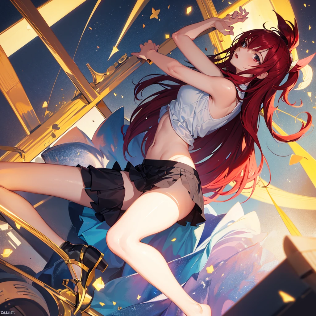 (best quality,highres:1.2),ultra-detailed,realistic,photorealistic:1.37,a beautiful girl (Erza Scarlet from Fairy Tail) model in a pop style,18 years old,long legs,medium breasts,extremely detailed face (with emphasis on azure eyes),Her red-colored hair falls to her shoulders.She is dressed in a short tight multi-colored skirt(panties are visible) and a short top (torn style)bent down, lifting her ass to the top,more sexy pose,illustration,colorful pop art style,dynamic lighting,neon colors,sunglasses on head.