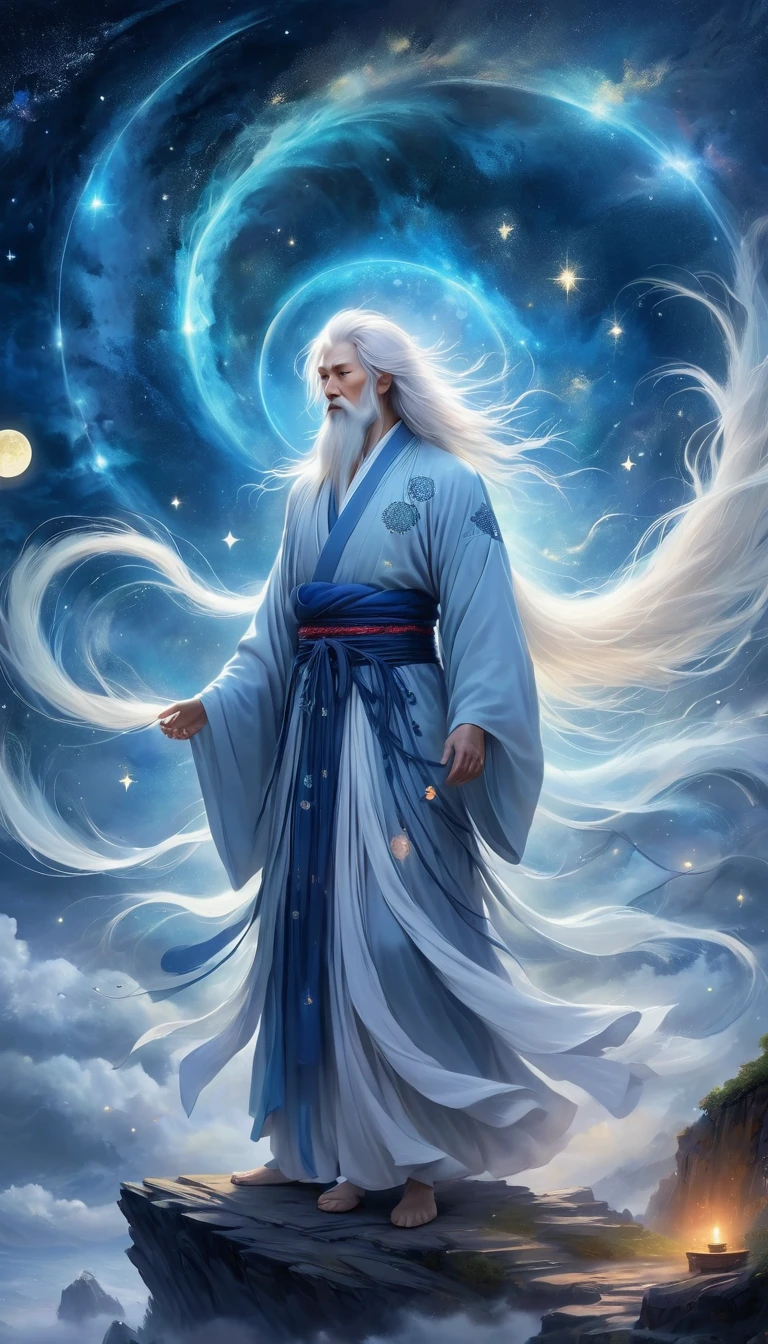 mitología china，Adivino oriental，Hueso de hada de Daofeng，maestro，El anciano está de pie en el acantilado y mira hacia el cielo estrellado con su largo cabello blanco.，silueta de espalda，Túnica Hanfu suelta de color blanco，Mira las estrellas，(((Diagrama Galaxy Tai Chi Bagua，circulo mágico，Runes，Concepción artística，Formación，Runes，luminiscencia)))，Sueño,，
