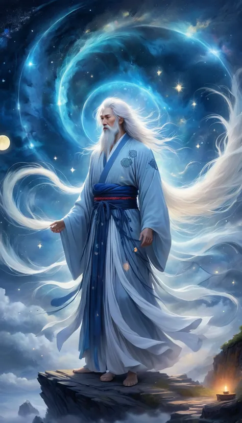 Chinese Mythology，Oriental Fortune Teller，Daofeng fairy bone，Master，The old man stands on the cliff and looks up at the starry s...