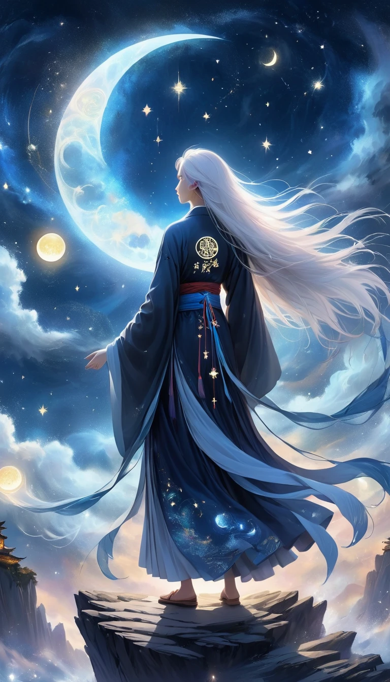 Chinese Mythology，Oriental Fortune Teller，Daofeng fairy bone，Master，The old man stands on the cliff and looks up at the starry sky with long white hair，Back silhouette，Black loose Hanfu robe，Look up at the stars，(((Galaxy Tai Chi Bagua Diagram，Magic Circle，Runes，artistic conception，Array，Runes，Stars shine，Crescent Moon)))，dream,，
