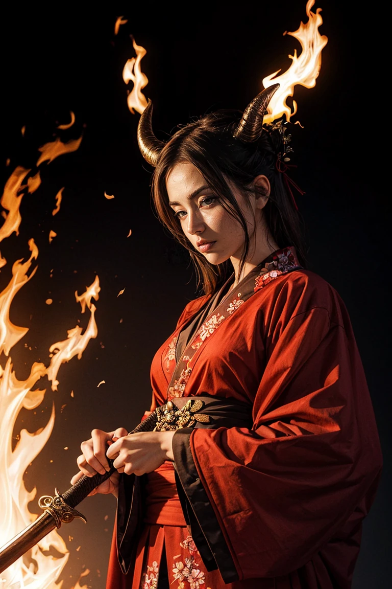 Red Demon、Holding a sword、In flames、Horns on the head、Red kimono、Wearing Japanese clothing、背景はIn flames