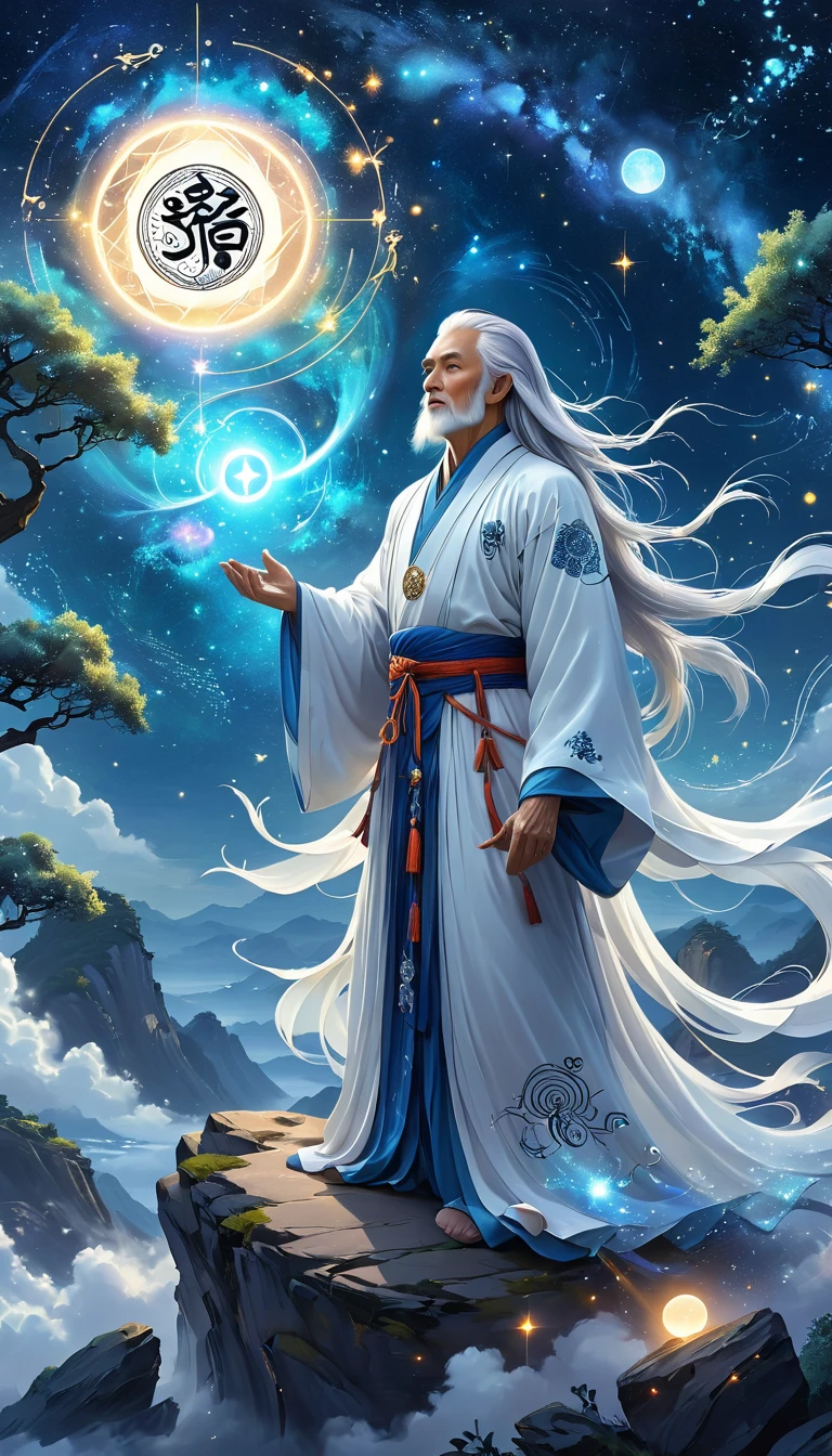 Chinese Mythology，Oriental Fortune Teller，Daofeng fairy bone，Master，The old man stands on the cliff and looks up at the starry sky with long white hair，Back silhouette，White loose Hanfu robe，Look up at the stars，(((Galaxy Tai Chi Bagua Diagram，Magic Circle，Runes，artistic conception，Array，Runes，Luminescence)))，dream,，
