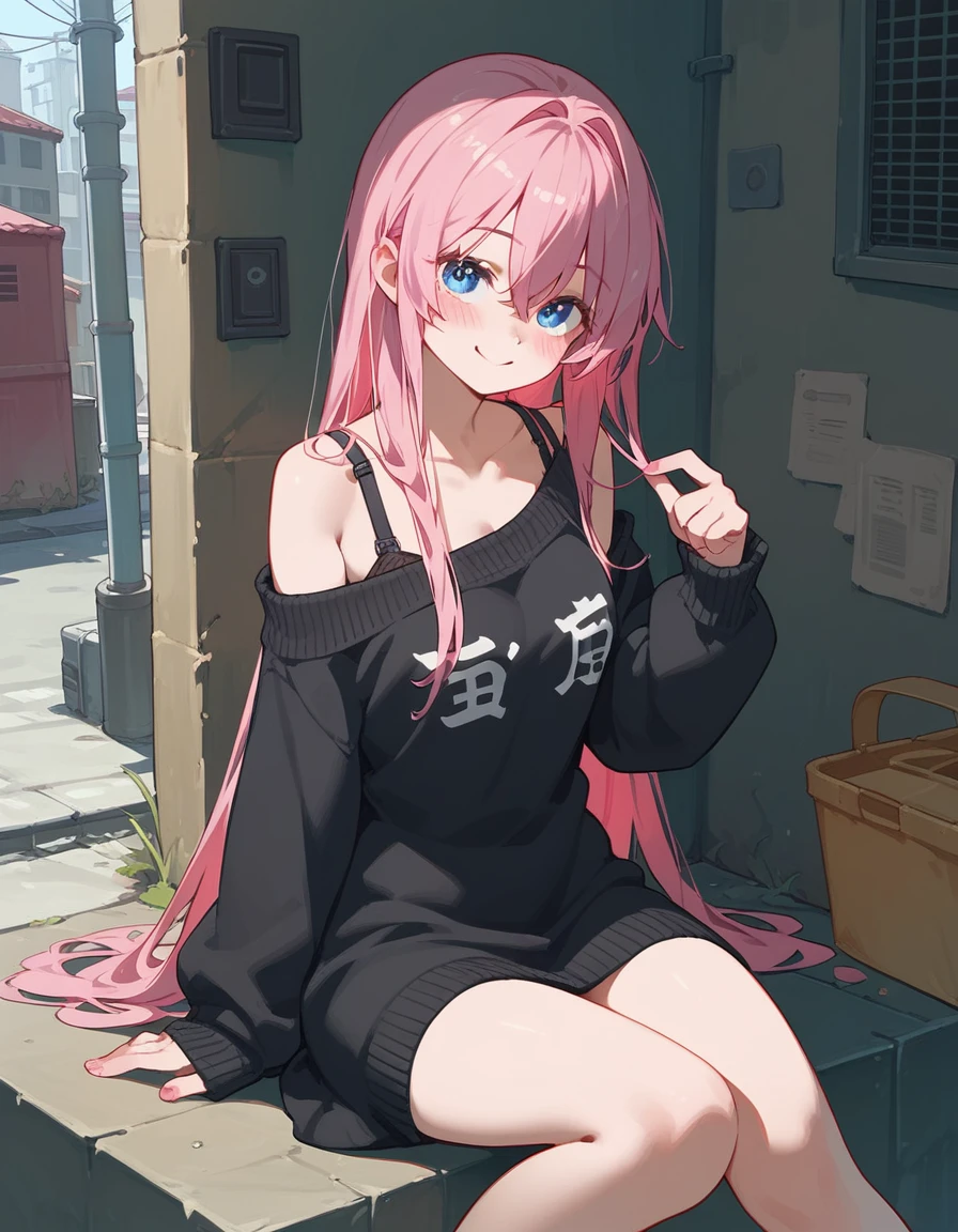 One girl, Shikimori-san, Pink Hair, Long Hair, blue eyes, Hair between the eyes, bangs, blush, compensate, smile, chest, Black sweater, Bare shoulders, No sleeve, skirt, View your viewers,Bare Belly,Secretly showing off her bra,Sit with your feet together,masterpiece, Highest quality,nsfw,Alley,