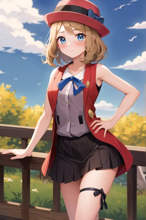 masterpiece, highest quality, high resolution, serena \(pokemon\), short hair, blue eyes, one girl, alone, blue ribbon, eyelash,...