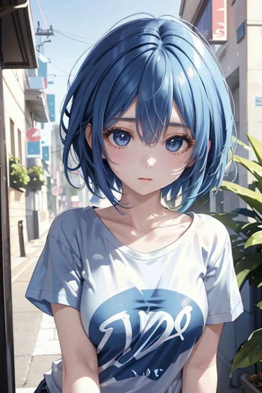 1girl,solo,blue hair,Cobalt blue Hair,Short hair,(T-Shirts:1.4)