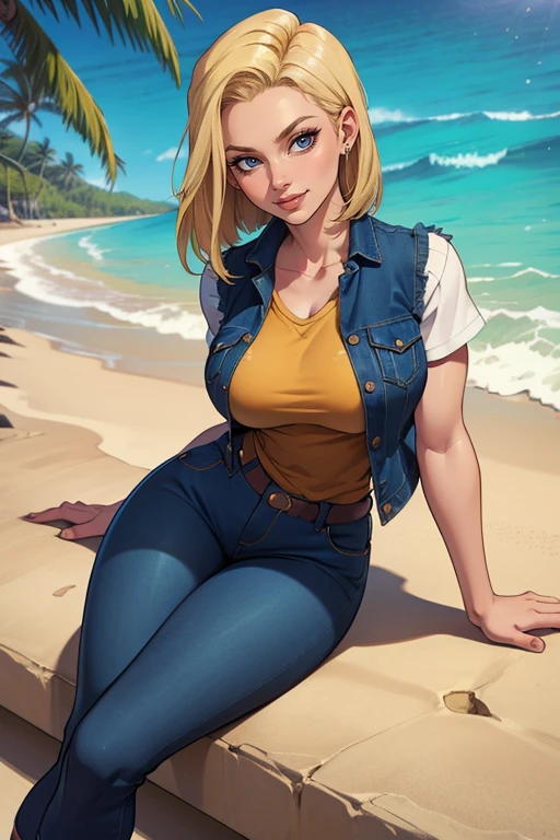 Android 18  cute style, 8k, hdr, ureal engine, ultra quality, sitting,  clothes, long breasts,detailed realistic, blond toned hair, black tub top, blue jeans shorts, golden earrings, aura ki, full body,(anatomia perfeita:1.4), altamente detalhado, (Praia tropical:1.3), Palmeiras, água azul celeste, luz do dia, verão,, andróide18, brincos, jeans, cinto, cabelo loiro, olhos azuis, cabelo curto, joia, (jeans vest:1.2), colete aberto, meia-calça preta, Camisa preta, jeans skirt, (mangas compridas listradas brancas), saia azul, portrait, battle pose, flying, aura ki, goodness

