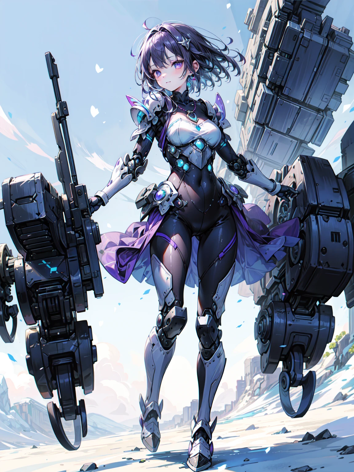 Cute adult girl standing ,Girl Focus, [full body 鎧], Organic Armor Cyborg、Machinery Armor、((blue sky、Floating in the air)),  poker face, still、(One Girl:1.3), bangs,necklace , （Snow White&#39;s Armor、Flying high in the sky、Floating、Floatingポーズ), Very detailedな, Crystal purple eyes,thin, Technology of Wonders, Long Hair, Animetic, alone, Silk White Hair, high quality, Mastette Piece,Very detailed,[Wide Hips] , beautiful girl, [detailed aspects], See details of actual operation, Very detailed目,Expressionless emotions, Beautiful Eyes、break、Armor Textures、（Dark Elf), (1 Girl), alone, Perfect Face, Get used to it, Ahoge, ((Long Hair:1.2)), [[Messy Hair]], 光沢のあるPurple Hair, Purple eyes, Variegated eyes, Purple Hair, Shining Eyes, (eyelash, eye shadow, purple eye shadow), bright, smile, Design Art：haruhiko mikimoto, by Kawashi, By Yoshitaka Amano