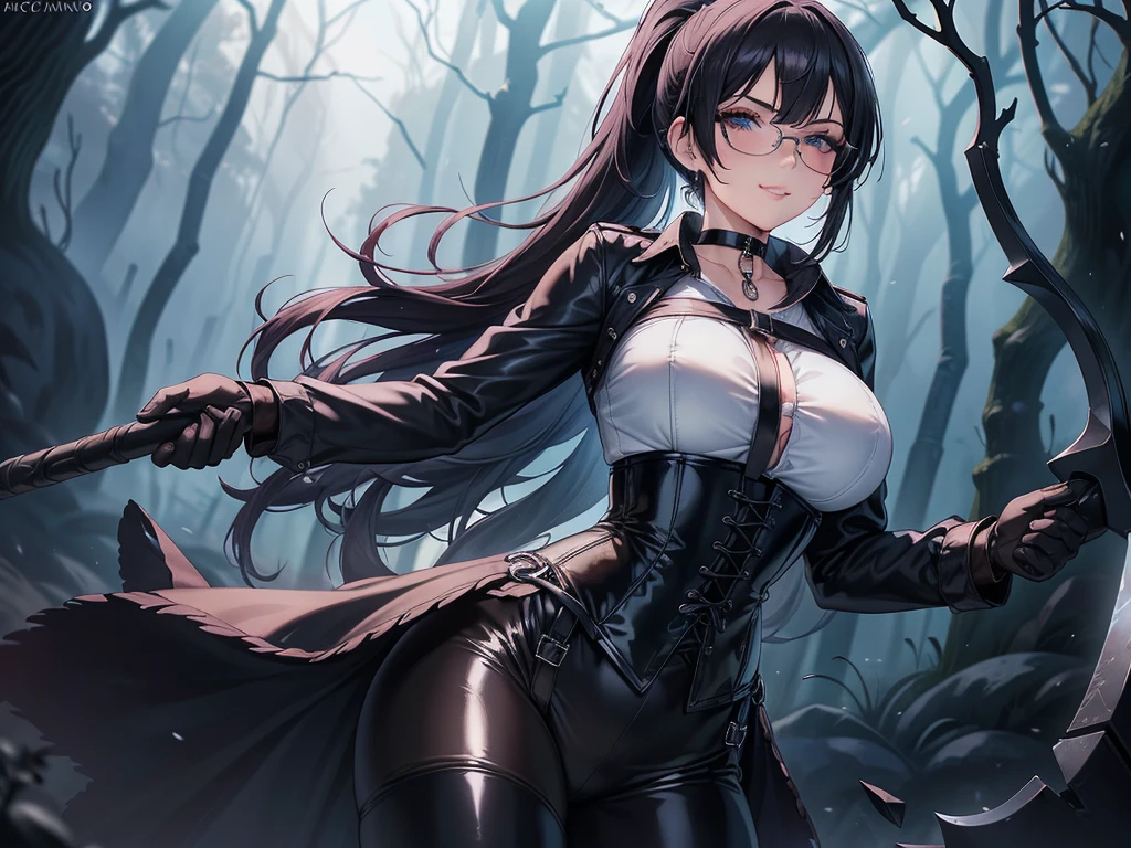 Masterpiece, Beautiful art, professional artist, 8k, art style by sciamano240, Very detailed face, Detailed clothing, detailed fabric, 2 girls, perfectly drawn body, fighting pose, beautiful face, big breasts, black hair short ponytail, blue eyes, very detailed eyes, pink cheeks, smug expression with smile, glasses, choker:1.6, (long sleeve white collar buttoned shirt), black gloves, gloves covering hands, (holding an ax, (black leather corset), (shiny black leggings), sensual lips ,  evening de invierno, show details in the eyes, view from front, looking at the viewer, dark path, dark forest, evening, Atmosphere, fog