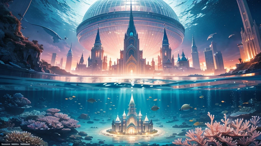 A fantastical and serene deep-sea city. Viewed from the ocean floor looking up towards the water surface. The city is very large with futuristic buildings, domes, and spires. Completely submerged in clear blue and pink water. The entire city is covered by a large dome-shaped glass structure. The scene has a tranquil and calming atmosphere. Soft glowing lights illuminate the city. The water surface above glitters with sunlight, creating beautiful patterns. The city emits a quiet, artificial light. Surrounded by vibrant marine life and coral formations. The water is deeper, adding to the mysterious and serene feeling. The image is high-resolution, realistic, and in 4K. Capturing the enchanting beauty of the underwater city.