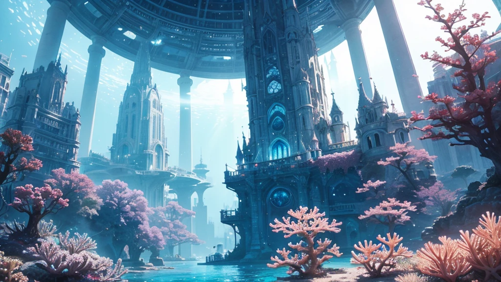 A fantastical and serene deep-sea city. Viewed from the ocean floor looking up towards the water surface. The city is very large with futuristic buildings, domes, and spires. Completely submerged in clear blue and pink water. The entire city is covered by a large dome-shaped glass structure. The scene has a tranquil and calming atmosphere. Soft glowing lights illuminate the city. The water surface above glitters with sunlight, creating beautiful patterns. The city emits a quiet, artificial light. Surrounded by vibrant marine life and coral formations. The water is deeper, adding to the mysterious and serene feeling. The image is high-resolution, realistic, and in 4K. Capturing the enchanting beauty of the underwater city.