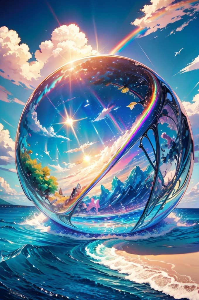 (Highest quality), (8k), (Highest quality), (live-action), (Realistic photos), buzzer、buzzerを感じる物、buzzerを感じる風景, Wave、blue sky, Rainbow and sunshine shining.16K, Ultra-high resolution, Shining in rainbow colors、to be born,wonderful ,future、iridescent、The world 30 years from now。