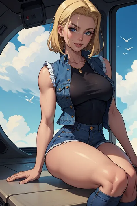 android 18  cute style, 8k, hdr, ureal engine, ultra quality, sitting,  clothes, long breasts,detailed realistic, blond toned ha...