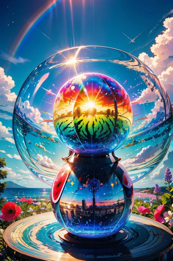 (Highest quality), (8k), (Highest quality), (live-action), (Realistic photos), buzzer、buzzerを感じる物、buzzerを感じる風景, watermelon、blue sky, Rainbow and sunshine shining.16K, Ultra-high resolution, Shining in rainbow colors、to be born,wonderful ,future、iridescent、The world 30 years from now。